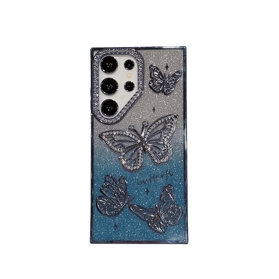 For Samsung Galaxy S23 Ultra Phone Case,Luxury Bling Gradient Glitter Back,Cute 3D Diamond Butterfly Pattern Plating Bling Case,Sparkly Diamond Camera Protection,Rugged Shockproof Phone Case,Blue