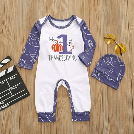 

EGNMCR Baby Bodysuit Newborn Infant Baby Boys Girls Letter Thanksgiving Romper Jumpsuit+Hat Outfits Newborn Boy Outfits - Baby Days