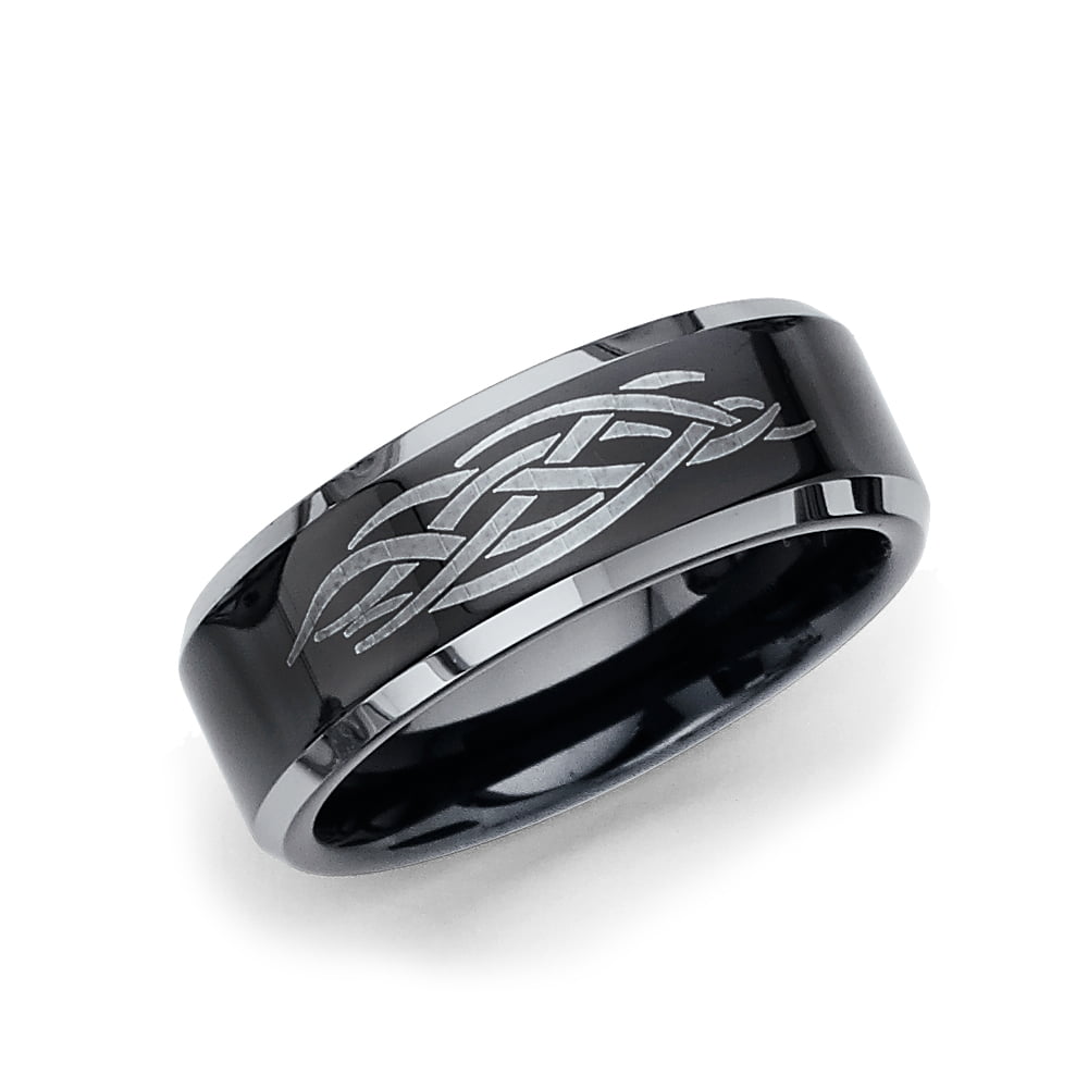 Wellingsale 8MM Comfort Fit Wedding Band Ring with Black PVD Coating and Diamond Beveled Edges 