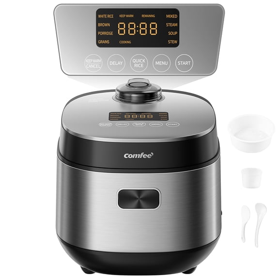 COMFEE' Compact Rice Cooker 8 Cups Cooked/4 Cups Uncooked, 9-in-1 Multi Cooker, Fast Rice Maker, Steam, Brown Rice, Grains, Fuzzy Logic Technology, Grey