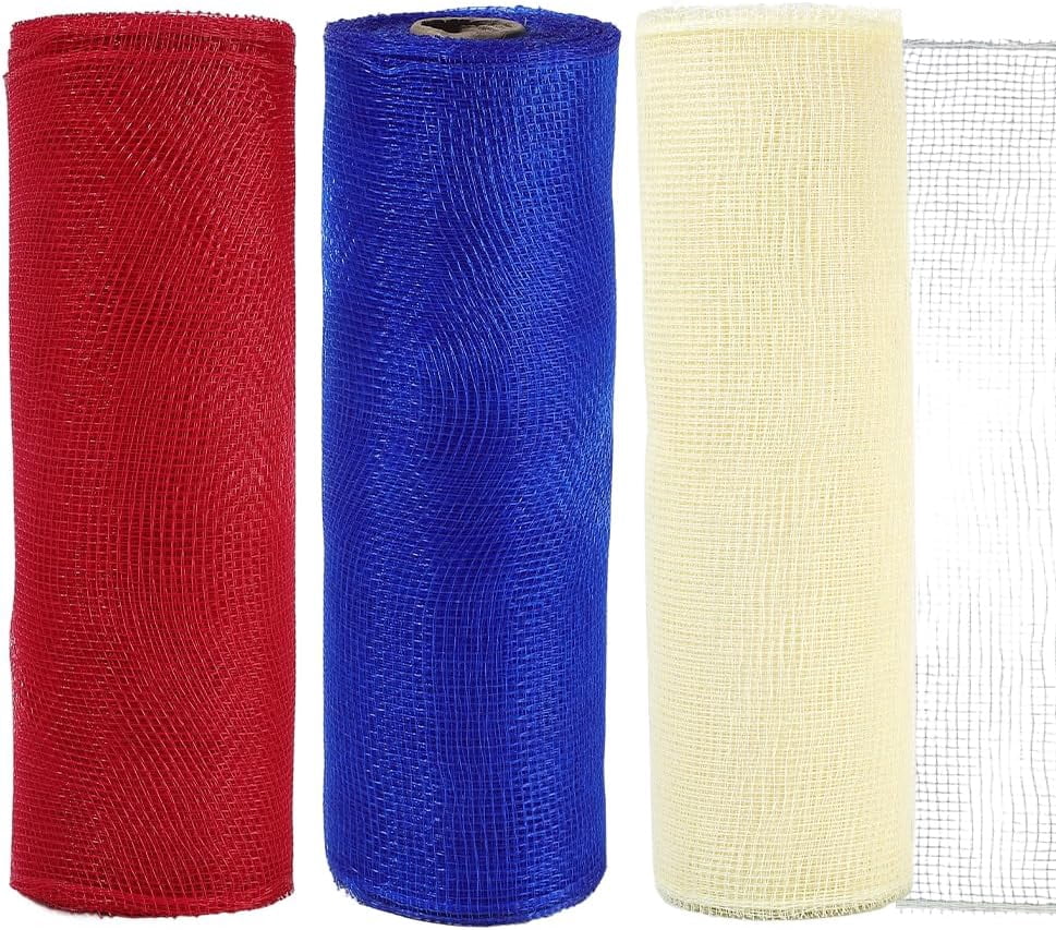 3 Rolls 30 Yards 10.24 Inch Red Blue Yellow USA Mesh Ribbon Roll American Deco Transparent Fabric Netting Plastic Trim for Gift Wrapping 4th of July Wreath DIY Craft Supply