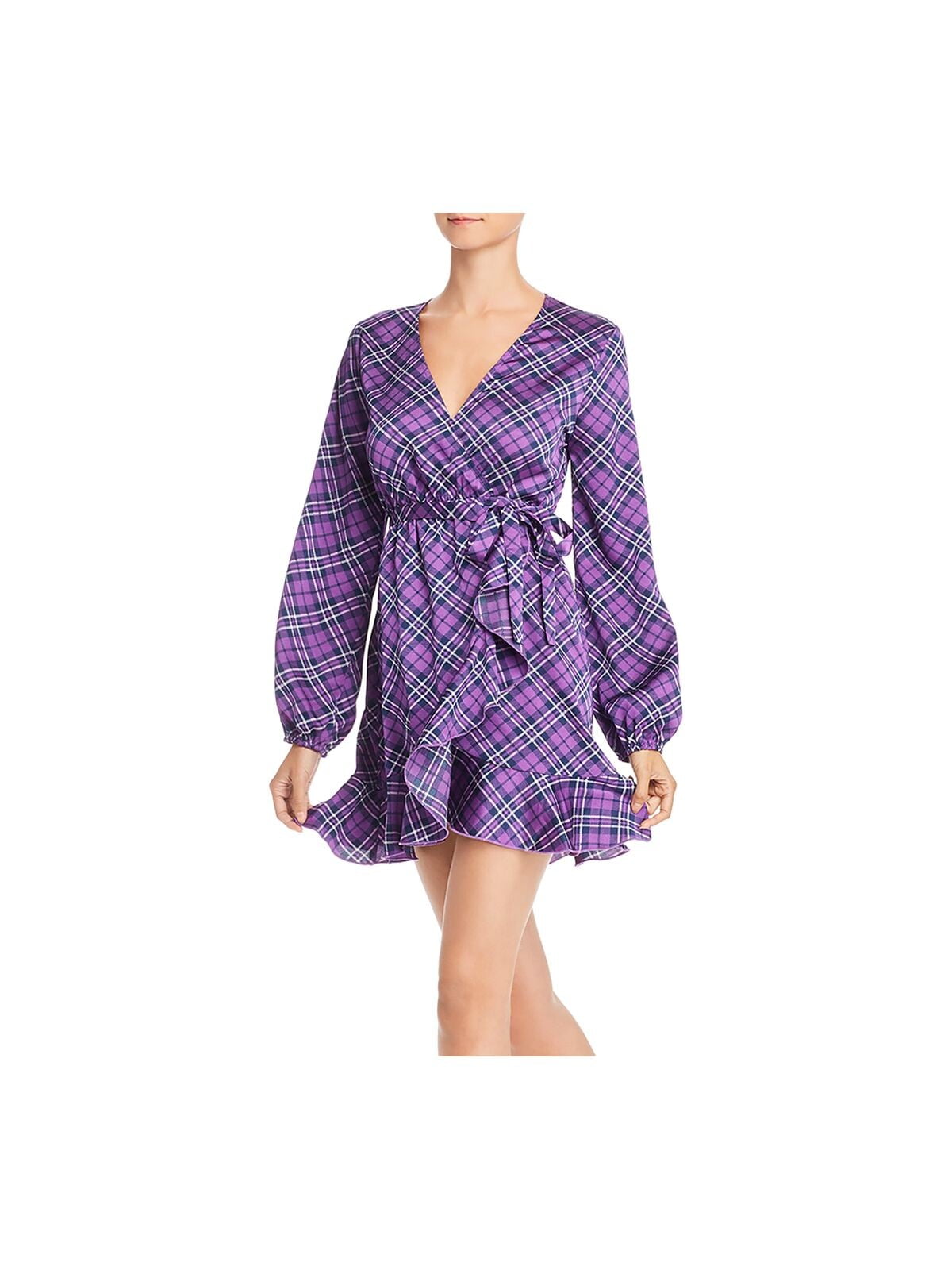 AQUA Womens Purple Tie Waist Plaid Long 