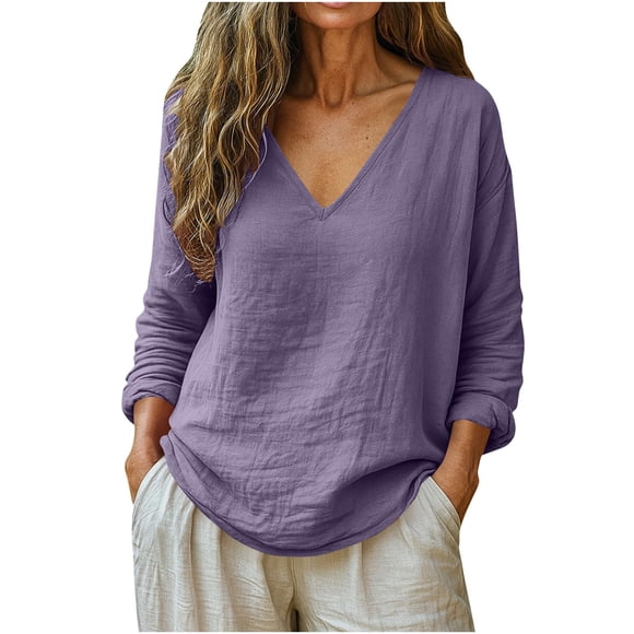 cfhntfmh Long Sleeve Linen Shirts for Women V Neck Blouse Tops Spring Summer Vacation Tees Shirt Solid Color Blouse Tops