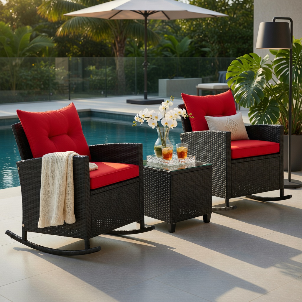 Hommoo 3-Piece Outdoor Rattan Rocking Chair Set with Tempered Glass Coffee Table & Removable Cushions, Red