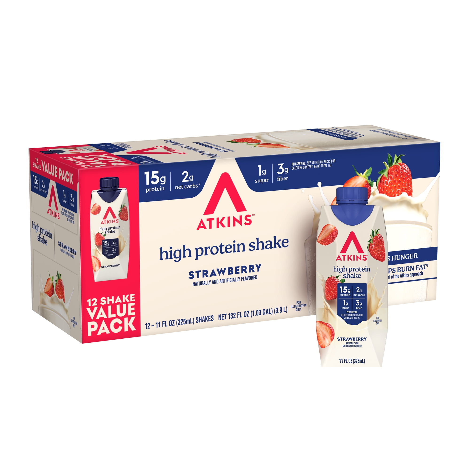 Atkins Protein Shake, Strawberry, Keto Friendly, 15g of Protein, 12 Ct (Ready to Drink)