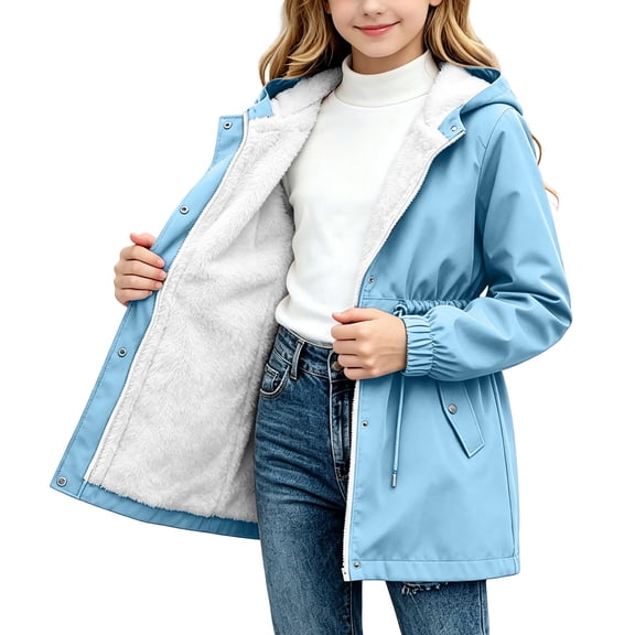OGLCCG Girls Rain Jacket Fleece Lined Windbreaker Jacket for Girls Lightweight Waterproof Hooded Raincoat with Pockets(Blue,8-9 Years)
