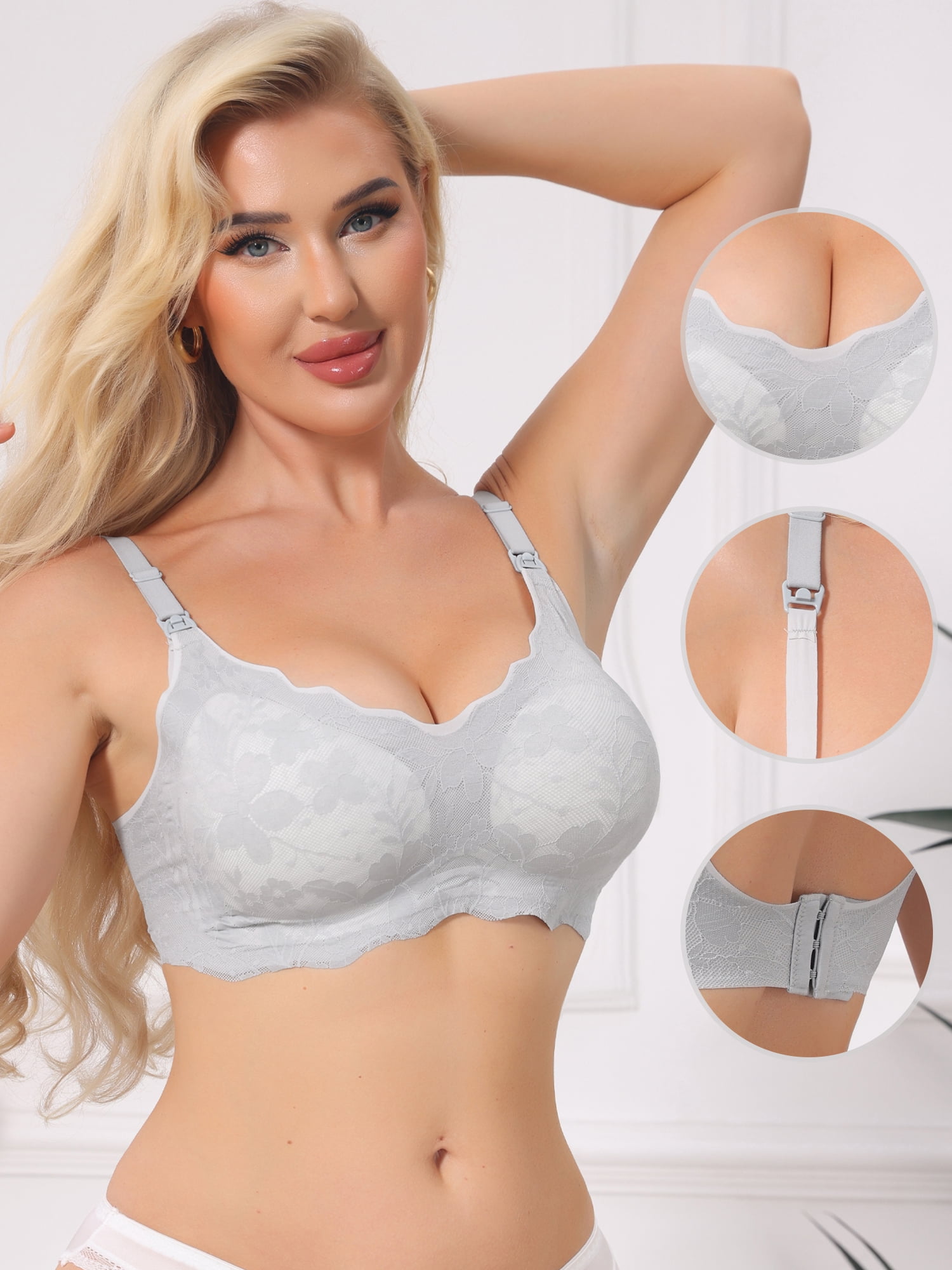 DARING DIVA Women's Front Open Maternity Wireless Padded Nursing Bra 2XL Gray
