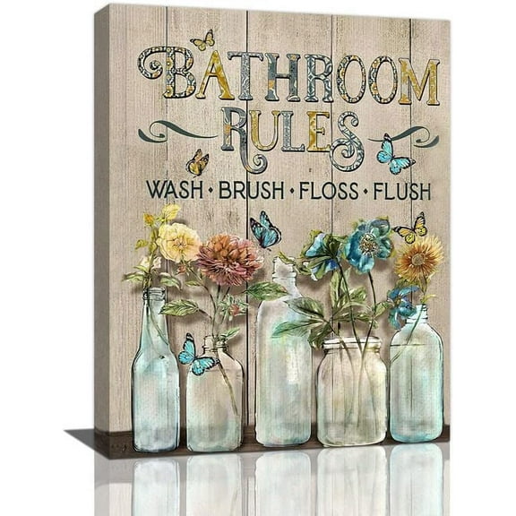 Sps ssion Farmhouse Bathroom Rules 12'' X 16'' Framed Canvas Art Prints