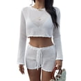 thumbnail image 2 of Women'S 2 Piece Hollow Out Vacation Outfits Crochet Crop Top with Mini Shorts Matching Sets White L, 2 of 9