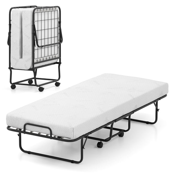 Gymax Cot Size Folding Bed Frame w/ Mattress Rollaway Guest Bed w/ Memory Foam Mattress & Metal Frame