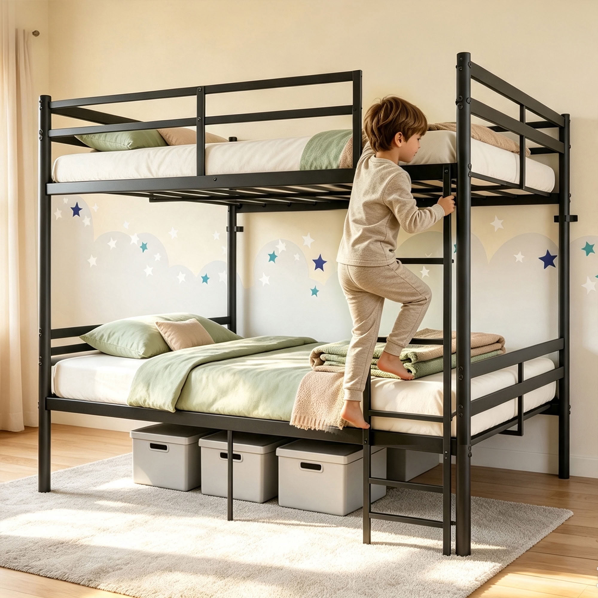 MAYEERTY Full Over Full Metal Bunk Bed, Heavy Duty 770 lbs Capacity Frame, Sturdy Steel Bunk Bed with Guardrail and Ladder for Kids Teens Adults, Black
