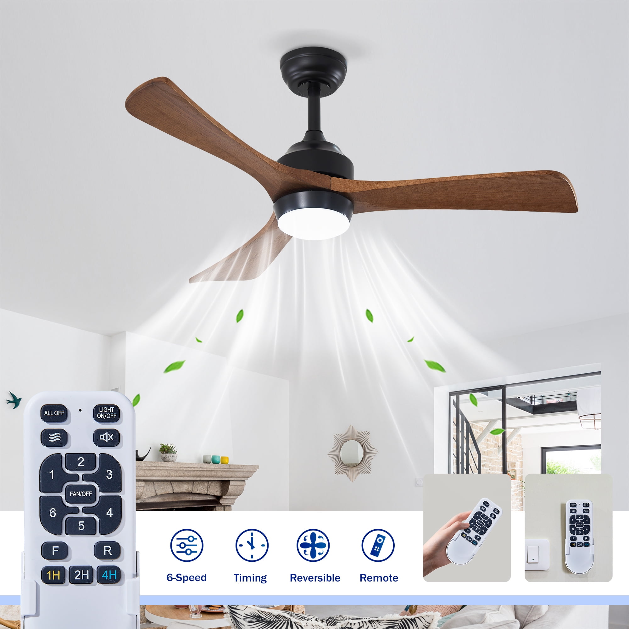 Leumius 42" Solid Wood Blades Ceiling Fan with Light and Remote Control,Quiet DC Motor 3 Blade Ceiling Fans 6 Speed Levels,Reversible for Patio Living Room Bedroom Office Black