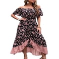 thumbnail image 1 of CNKOO Women Summer Boho Off Shoulder Floral Dress Casual Button Down Split Long A Line Ruffle Swing Dresses Black M, 1 of 6