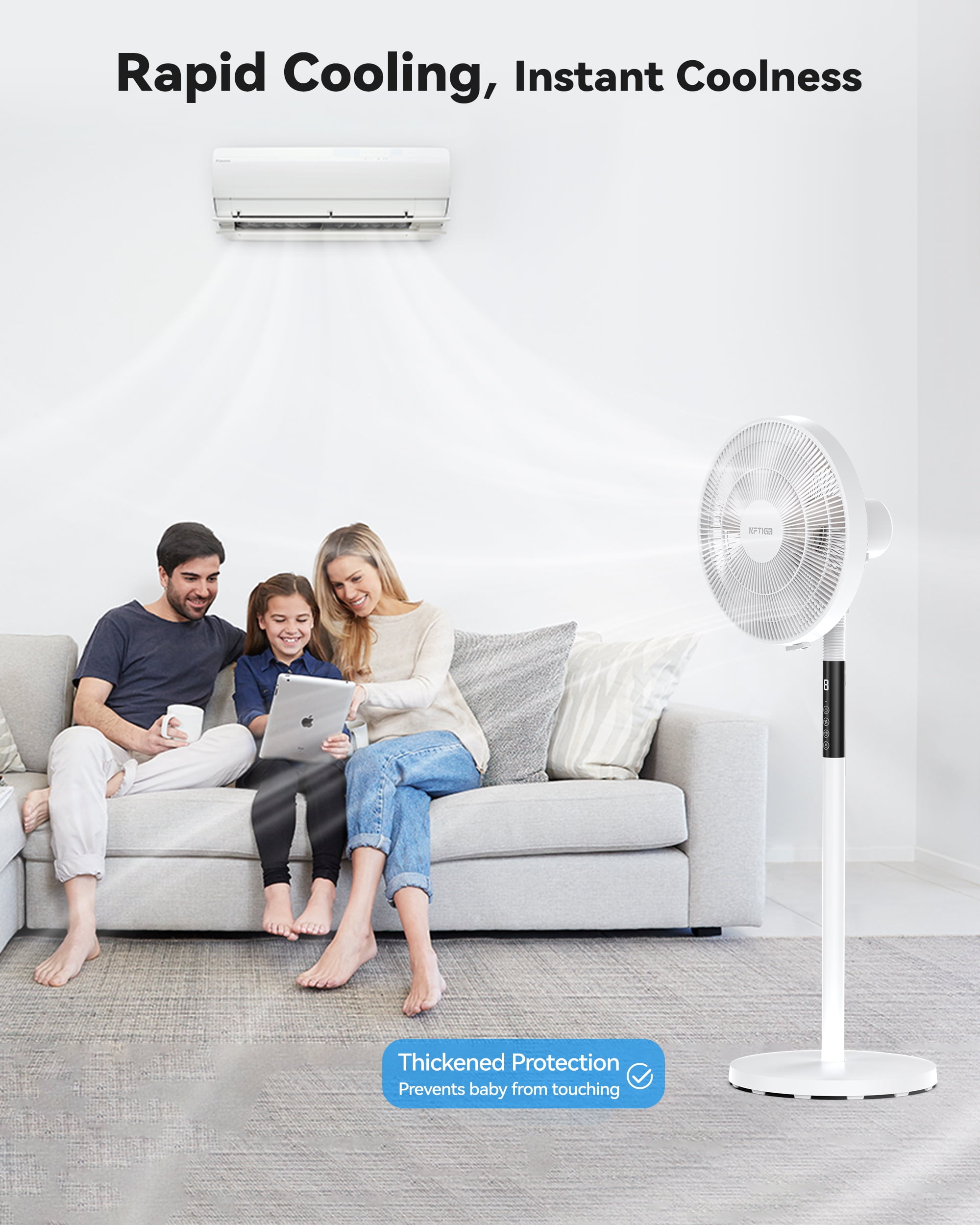 NFTIGB Oscillating Pedestal Fan, 7 Blades 3 Speeds 9H Timer Standing Floor Fan with Remote,White New
