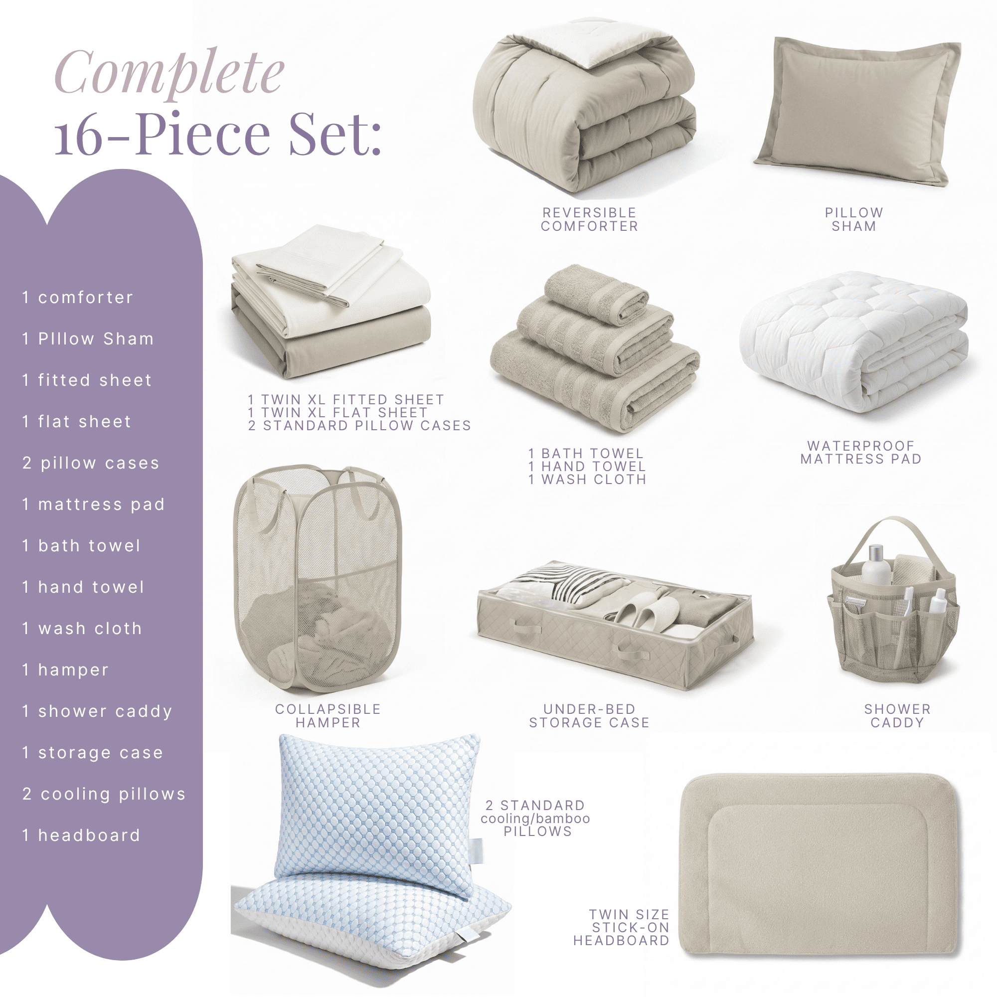 LammaLoe 16 Piece Complete Dorm Room Set, Twin XL Comforter Set, Includes Sheet Set, Mattress Protector, Pillows, Headboard, Towels & Organizers - All Dorm Accessories Included, Linen