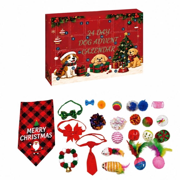 Dog Christmas Advent Calendar with 24 Interactive Plush Toys and Accessories, Festive Holiday Countdown Decorations for Small to Medium Pets, Christmas Stocking Stuffers Gift Set