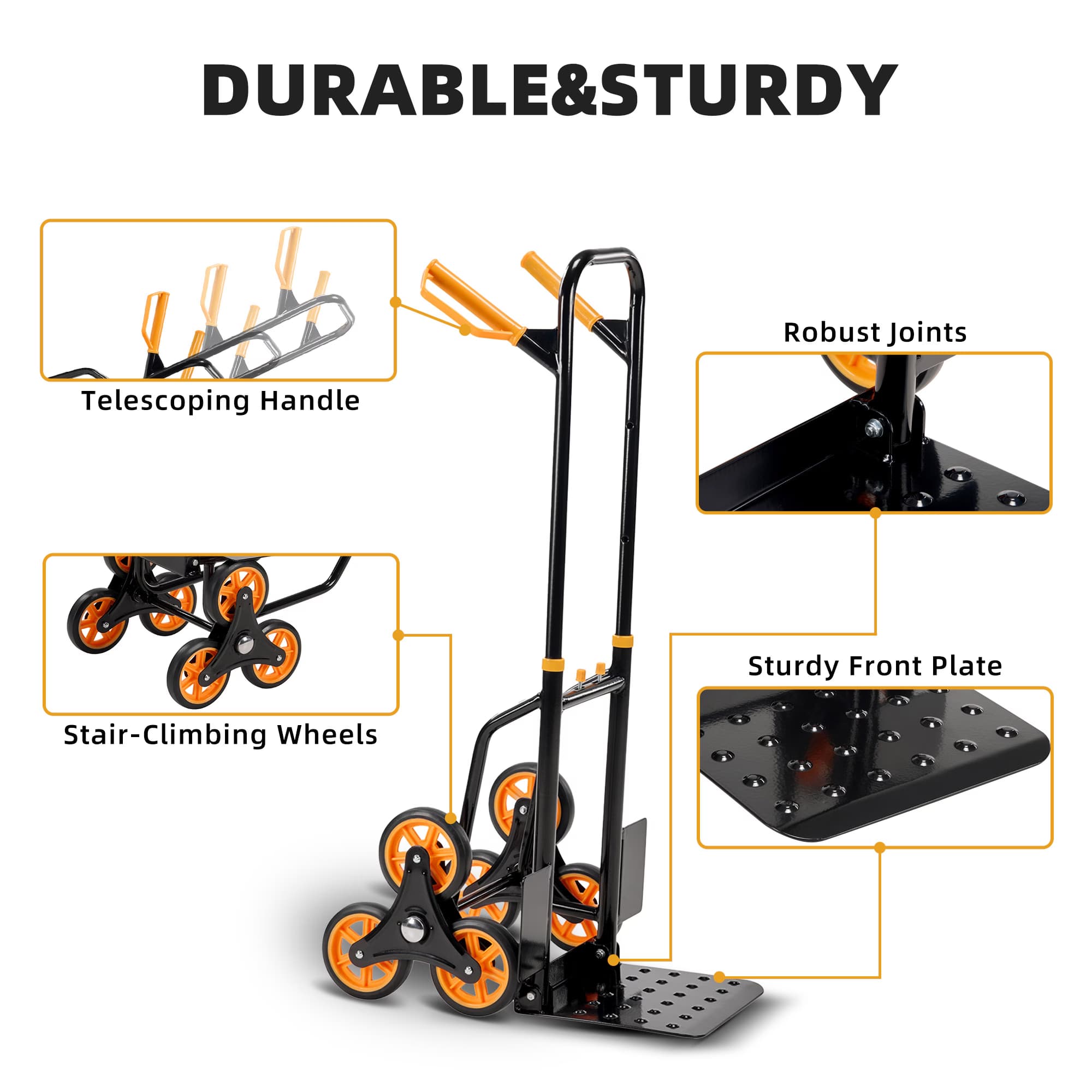 HUJHKIO Heavy Duty Stair Climber Hand Truck Dolly, Ergonomic Foldable Cart with 3-Wheel Design for Stairs & Curbs, 330 lbs Load Capacity, Compact & Easy Storage, Yellow & Black