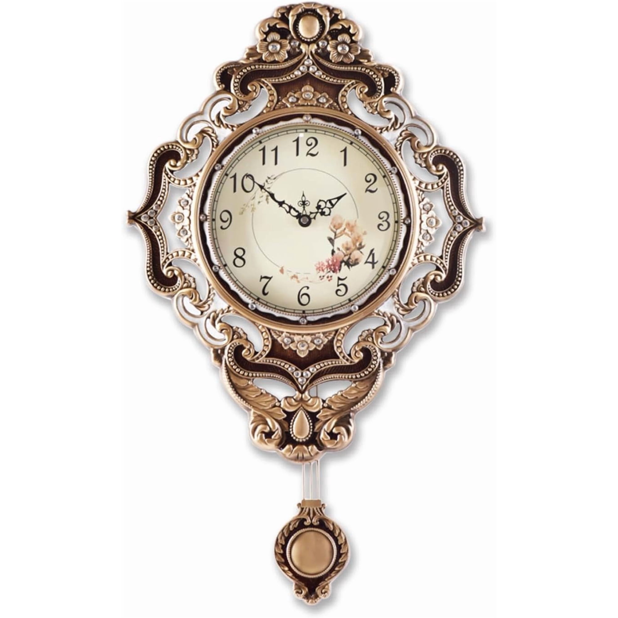 Retro Wall Clock with Pendulum, European Victoria Mid Century Style, Operated Large Metal Silent Clock for Living Bedroom Wall Decor - Brown