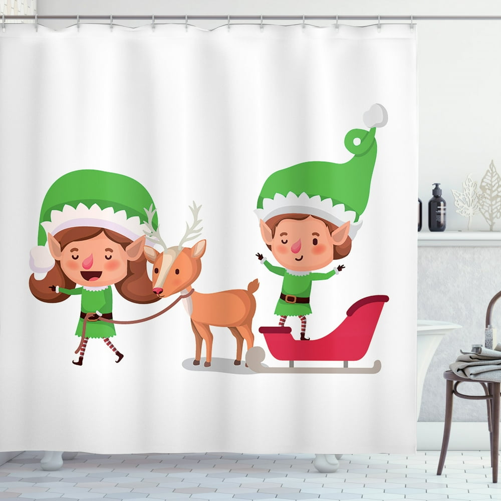 Elf Shower Curtain, Elves and Reindeer on Sleigh Christmas Characters