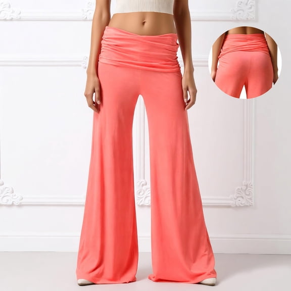 XINXIAOO Women Coral Fold Over Yoga Pants On-Trend Solid Wide Leg Loose Fit Lounge Pants with Ruched Waist for Yoga Sports Everyday 2026