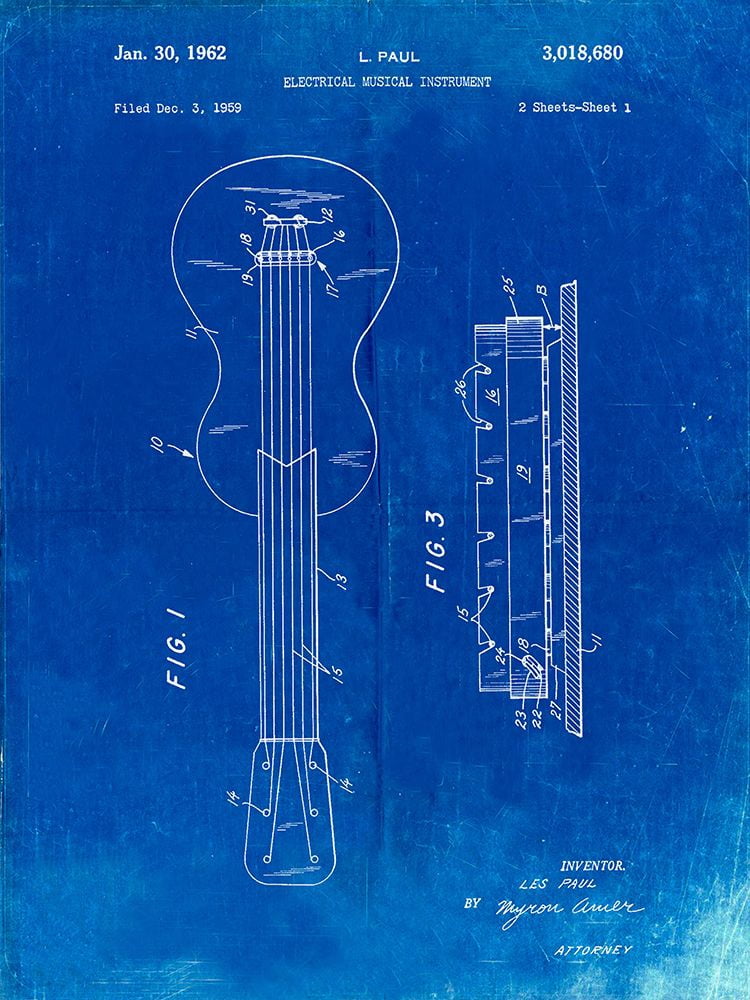 Borders, Cole 12x14 White Modern Wood Framed Museum Art Print Titled - PP140- Faded Blueprint Gibson Les Paul Guitar Patent Poster