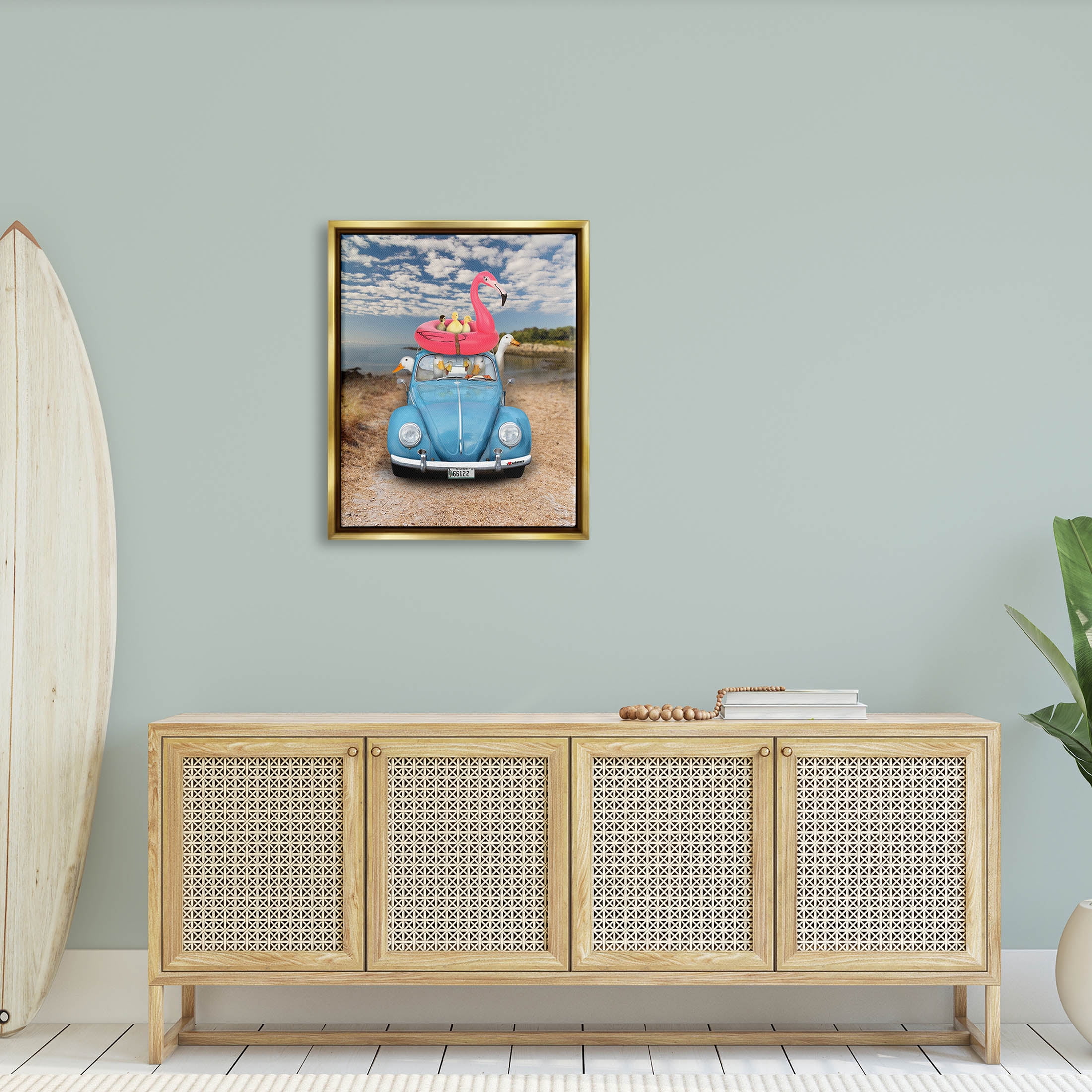 Funny Summer Beach Vacation Geese Animals & Insects Graphic Art Metallic Gold Framed Art Print Wall Art