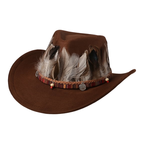 Avaner Faux Suede Western Cowboy Hat for Men Women: Feather Ethnic Decor Wide Brim Fedora,Unisex