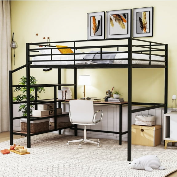 DreamBuck Full Size Loft Bed with Desk and Staircase, Metal Full Loft Bed with Storage Stairs, Space Saving High Loft Bed for Teens, Boys, Girls, Full Bed Frame for Bedroom, No Box Spring Needed