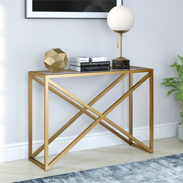Urban Sofa Console Table, Glass Entryway Table with Geometric Metal