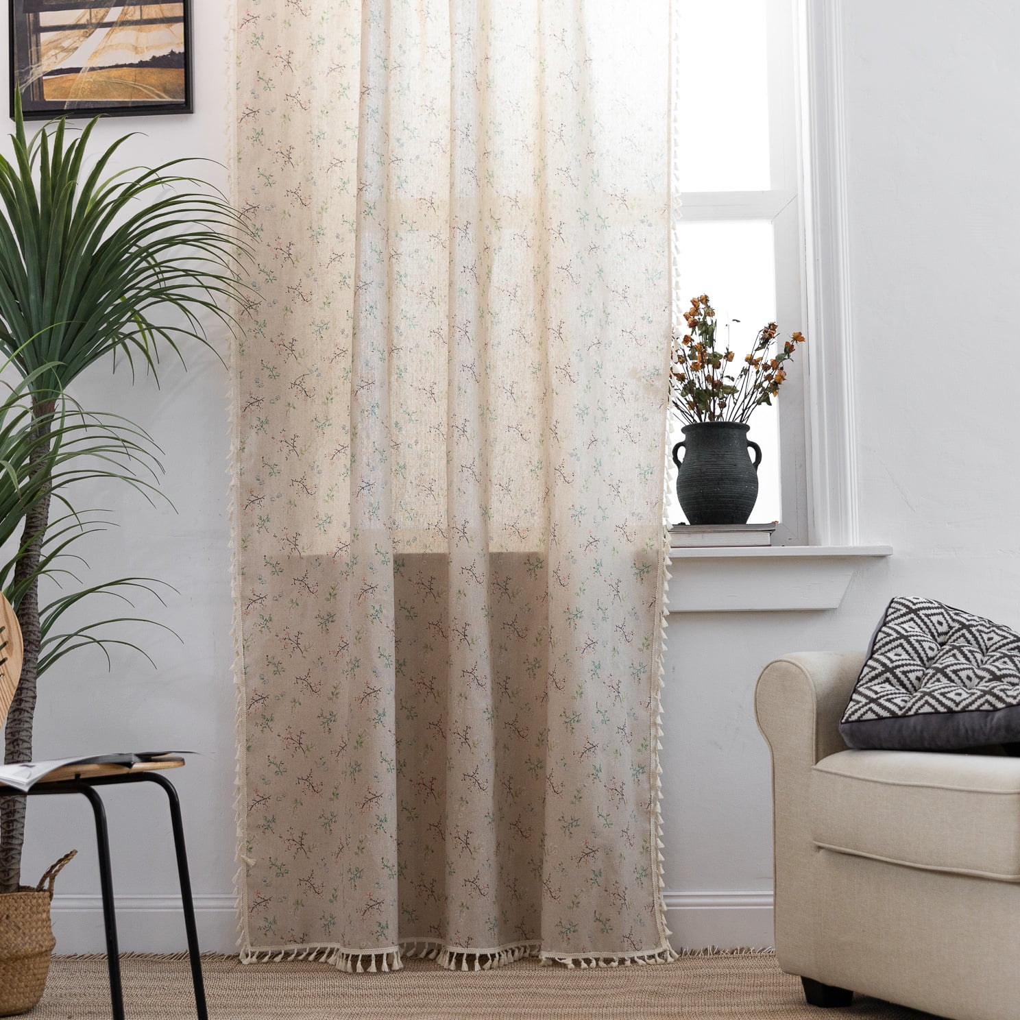 NIUBIER Semi-Blackout Linen Curtains, Floral Pattern, Rod Pocket with Tassels, 52x84 Inches, for Bedroom/Living Room
