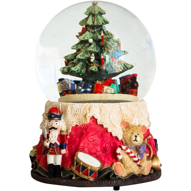 Bubble Ranch Nutcracker Christmas Snow Globe 6" H Music Box Musical Indoor Decoration Ornaments Train Around Christmas Tree with Battery Operated Led Light Home Decor