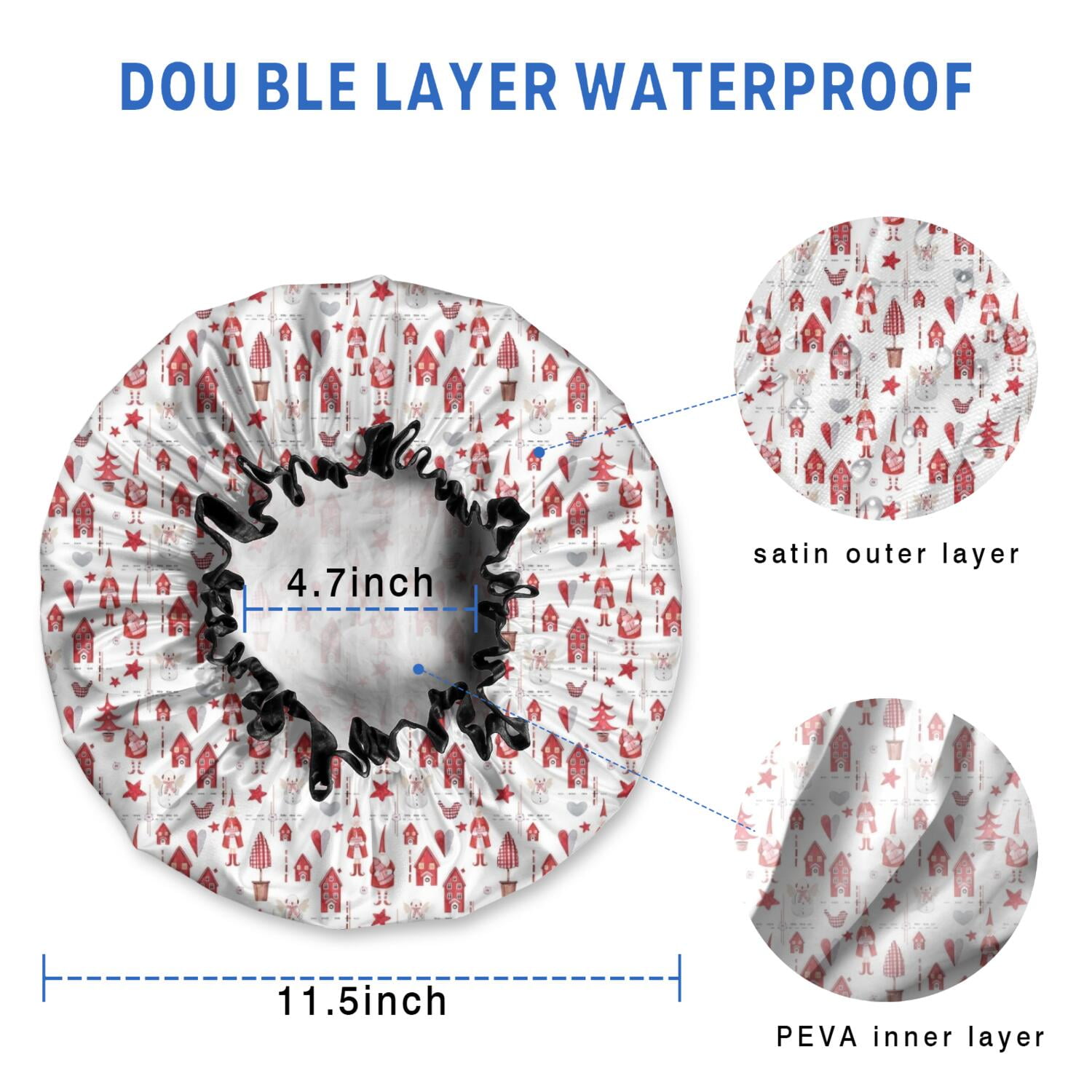 Shower Caps,Red Christmas House and Tree Pattern Waterproof Shower Cap for Women 4 Pieces,Double Reusable Hair Cover for Shower PEVA Elastic Stretch Hem