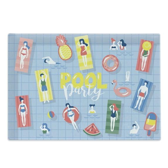 Pool Party Cutting Board, Doodle Characters Swimming and Enjoying Summer Activities Top View Summer Print, Decorative Tempered Glass Cutting and Serving Board, in 3 Sizes, by Ambesonne