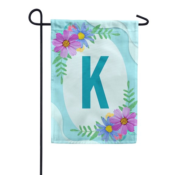 America Forever Spring Monogram Garden Flag Letter K 12.5 x 18 inches Double Sided Vertical Outdoor, Yard, Lawn, Pink and Blue Flowers, Cosmos, Leaves, Summer Flower Garden Flag