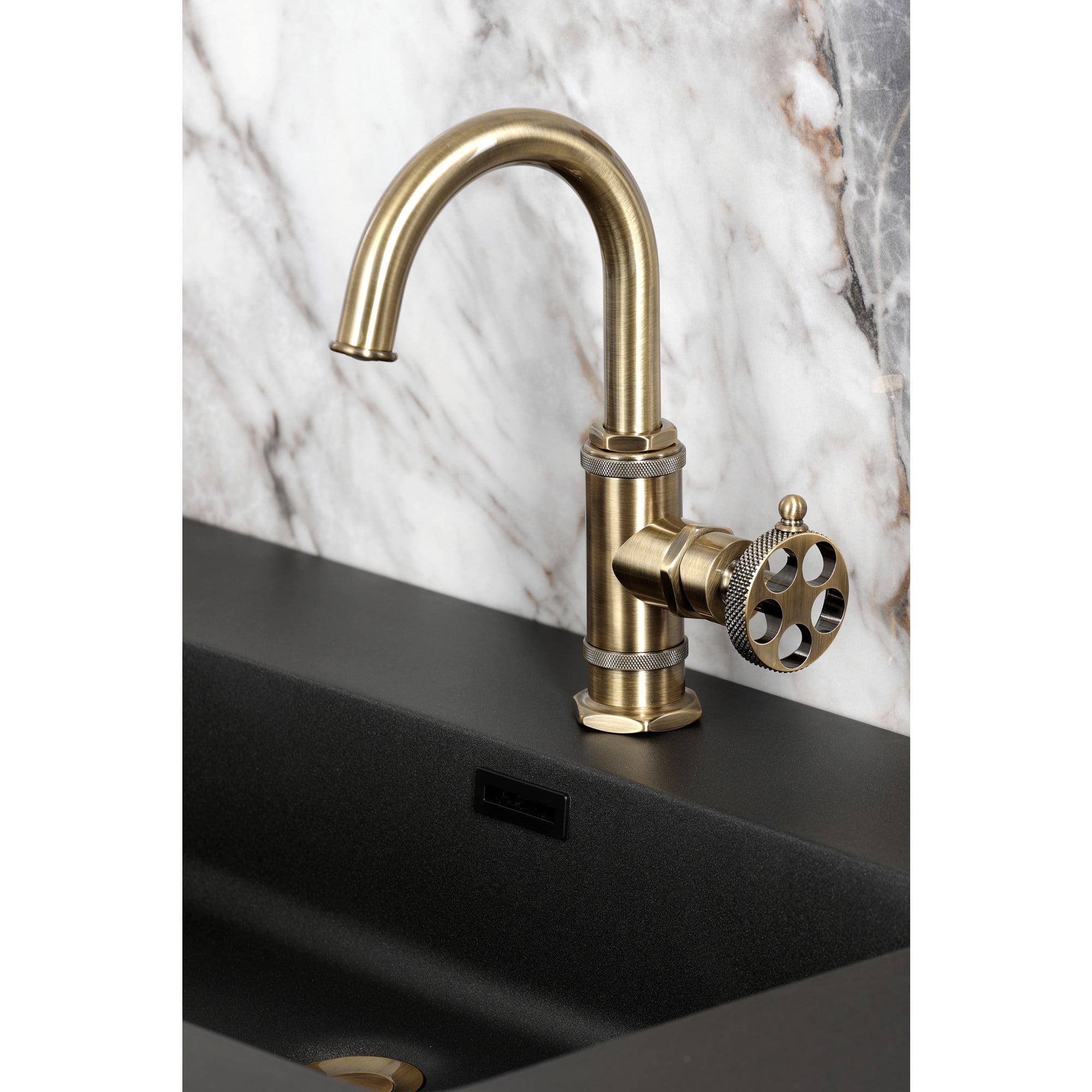 Kingston Brass KSD2213RKX Webb One-Handle 1-Hole Bathroom Faucet with Knurled Handle, Deck Plate, and Push Pop-Up Drain in Antique Brass