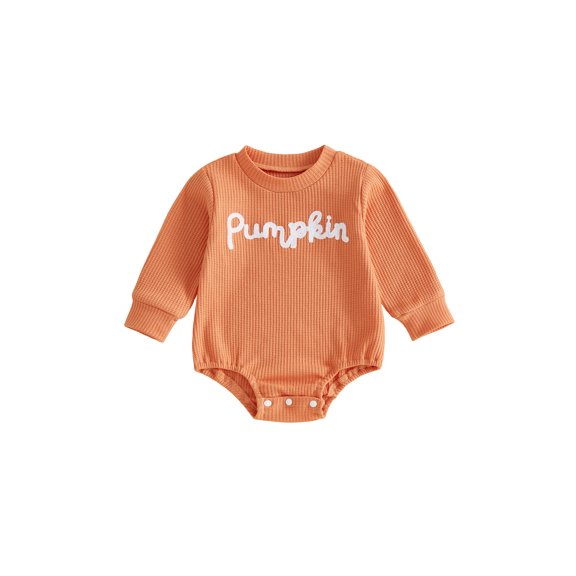 Cjfdfy Newborn Baby Boy Girl Halloween Outfit Pumpkin Waffle Knit Romper Letters Embroidery Long Sleeve Jumpsuit Infant Halloween Sweater Romper Fall Winter Clothes