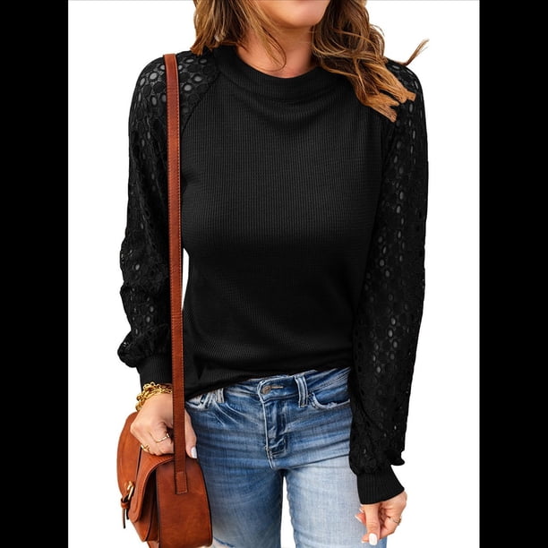 Camiseta de Larga con Cuello Redondo para Mujer, Otoño-Invierno, con Costuras de Gofre y Encaje, Ajustada Negro S
