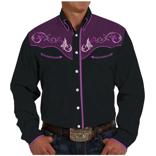 Men's Western Cowboy Embroidered Long Sleeve Slim Fit Casual Button Down Shirt With Front Pockets