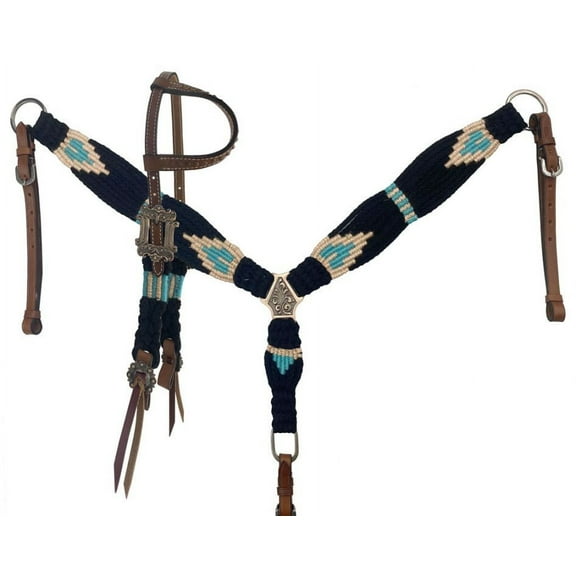 Showman Black, Teal & Peach Corded Single Ear Headstall & Breast Collar Set