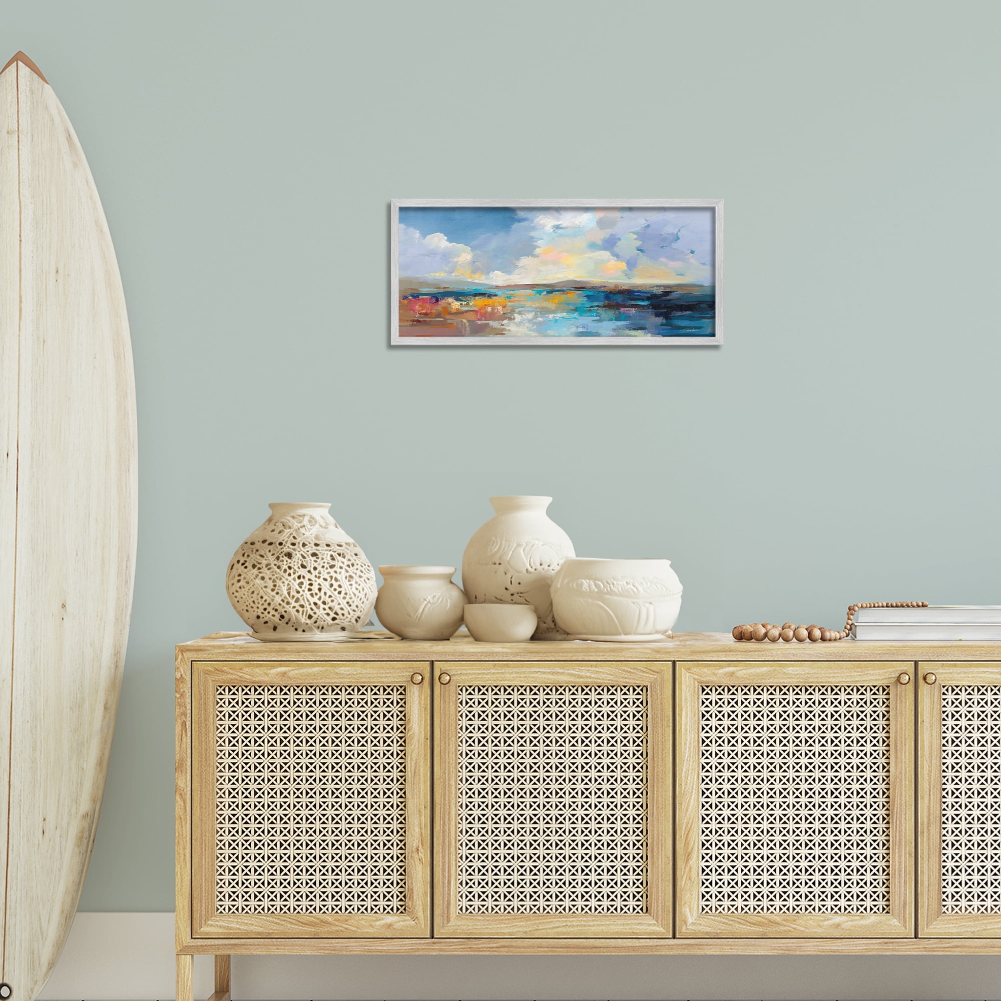 Stupell Industries Seaside Sunset Abstract Landscape Painting Gray Framed Art Print Wall Art, 24 x 10