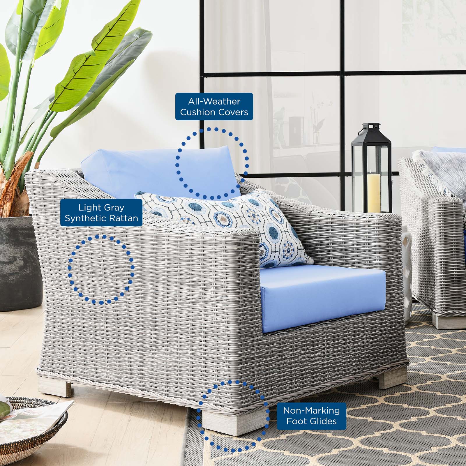Lounge Sectional Sofa Chair Table Set, Rattan, Wicker, Light Grey Gray Light Blue, Modern Contemporary Urban Design, Outdoor Patio Balcony Cafe Bistro Garden Furniture Hotel Hospitality - image 5 of 10