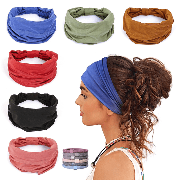 6 Pack Wide Headbands for Women Non-Slip Soft Elastic Hair Bands Yoga Running Gym Head Wraps, Knotted Cotton Cloth African Turban Style Bandana with 6 Hair Ties