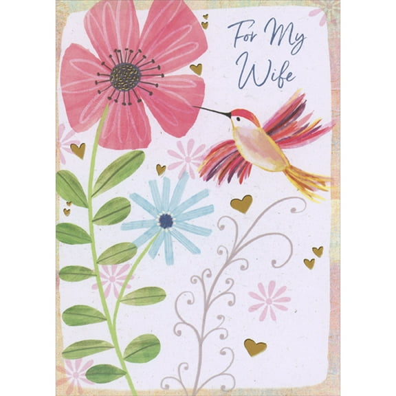 Designer Greetings Hummingbird, Large Pink Flower, Blue Flower and Gold Foil Hearts Religious Mother's Day Card for Wife