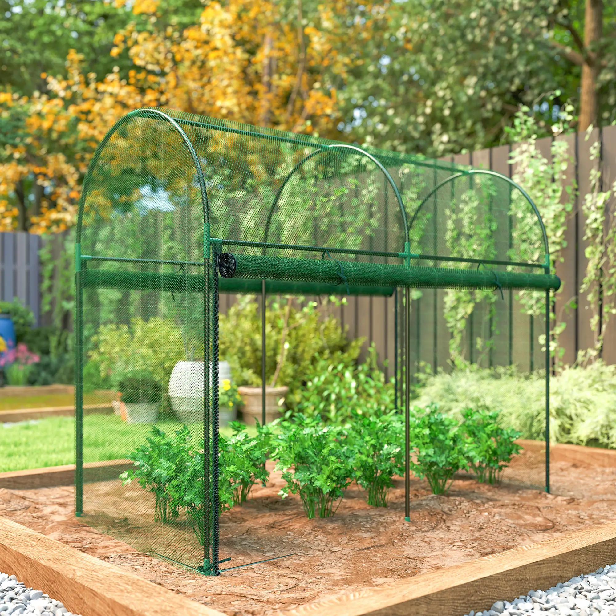 Plant Protector Crop Cage for Tall Vegetables & Climbing Crops, HDPE Mesh Cover, Powder-Coated Steel Frame, Roll-Up Zippered Door with U-Shaped Stakes