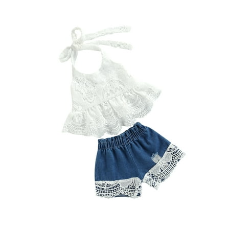 

Toddler Baby Girls Denim Shorts Sets Sleeveless Halter Lace Top Ripped Denim Jeans Shorts Outfit 2pcs Summer Clothes