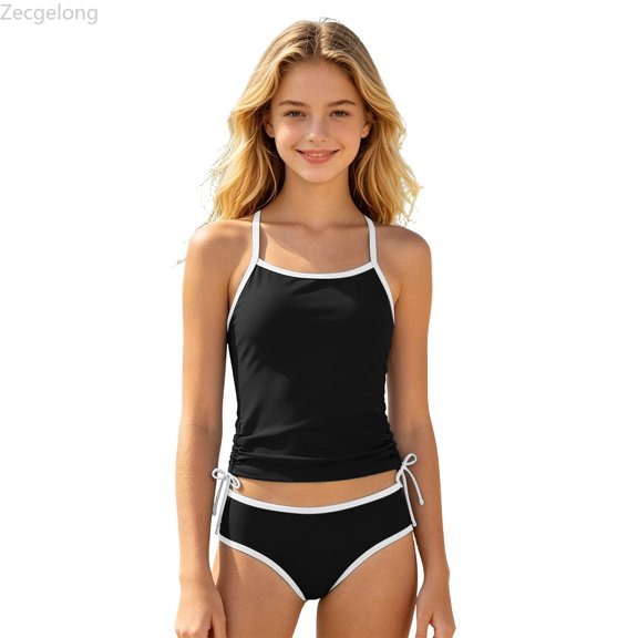 Zecgelong Girls Ruffle Bikini Swimsuit Two Piece Tankini With High Waist Bottoms For Teen Youth Black Size 9-10 Years
