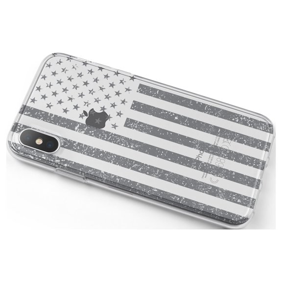 DistinctInk Clear Shockproof Hybrid Case for iPhone X / XS (5.8" Screen) - TPU Bumper, Acrylic Back, Tempered Glass Screen Protector - Weathered Grey US Flag