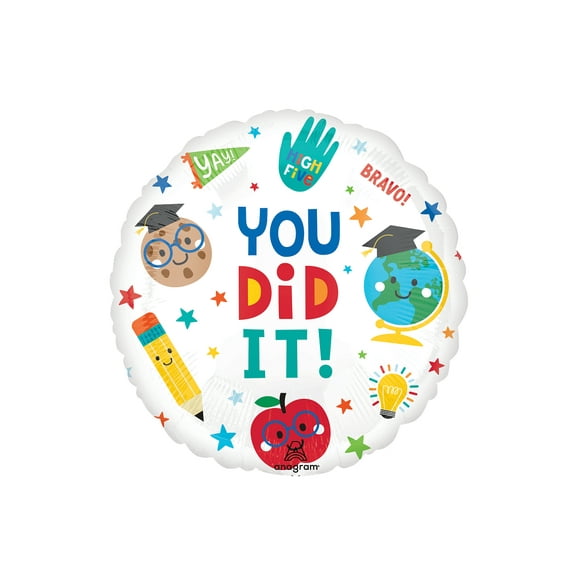 Anagram 18" Graduation Balloon featuring colorful school icons, ideal for celebrations