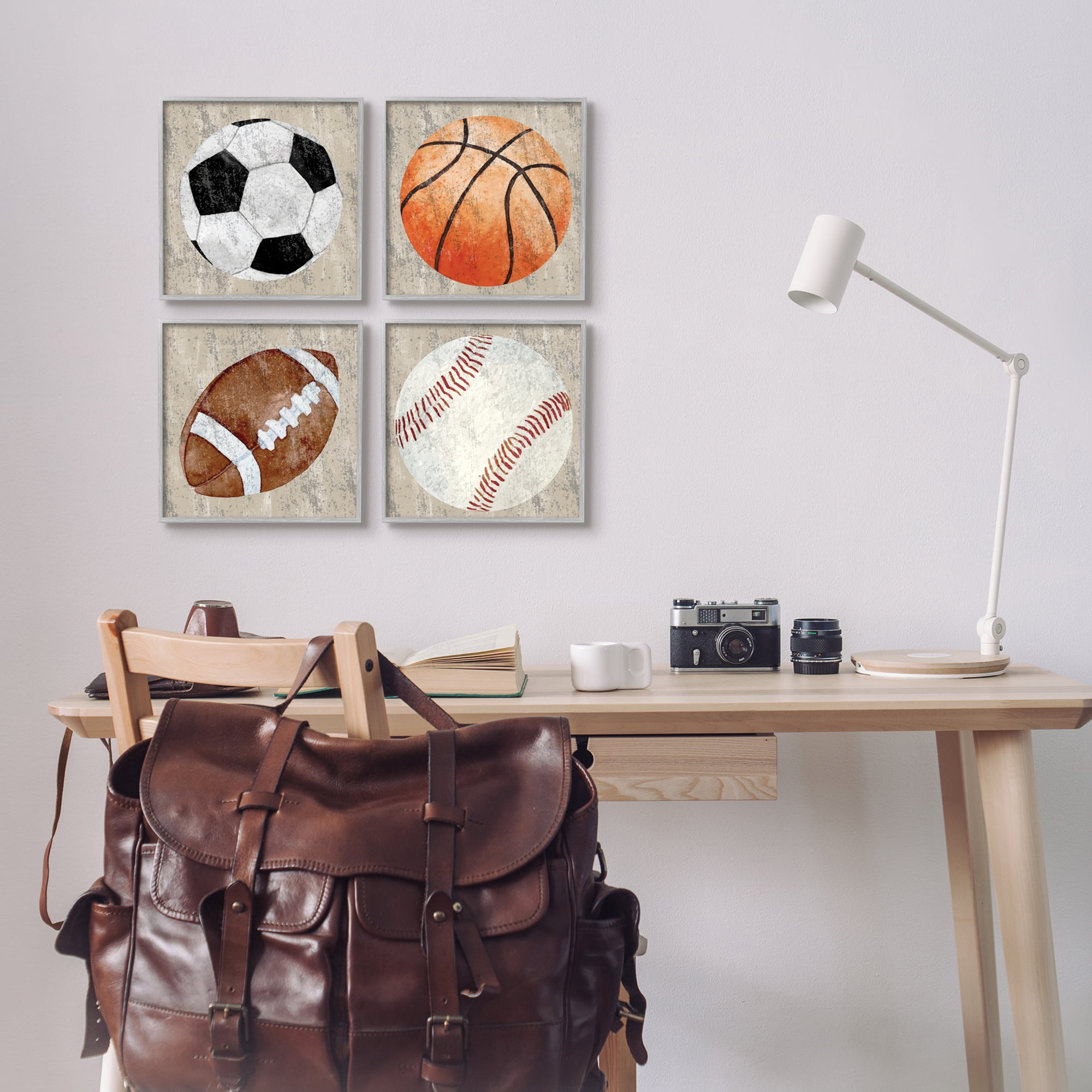 Stupell Industries Various Rustic Sports Balls Art for Kids Painting Gray Framed Art Print Wall Art, 12 x 12, Set of 4