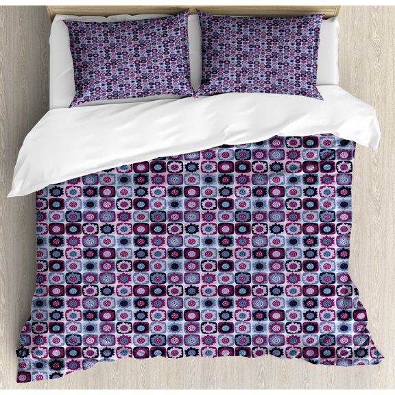 Ambesonne Floral Duvet Cover Set, Colorful Flower Art Designs, Queen, Dark Magenta Pale Blue
